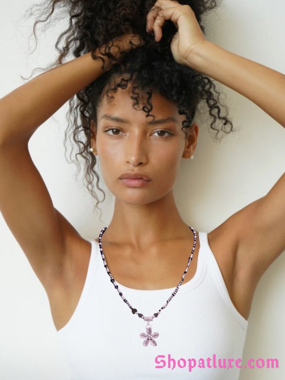 Pretty Silver Flower Crystal Beaded Necklace